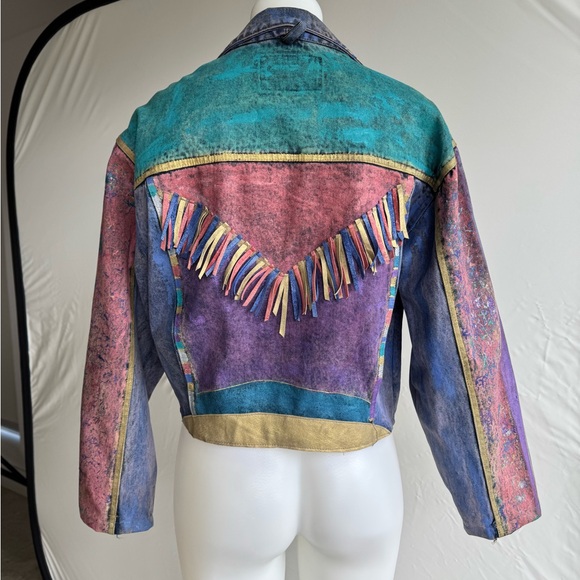 Vintage 1980s Hand Painted Denim Purple & Teal Women's Crop Jean Jacket - Picture 10 of 17